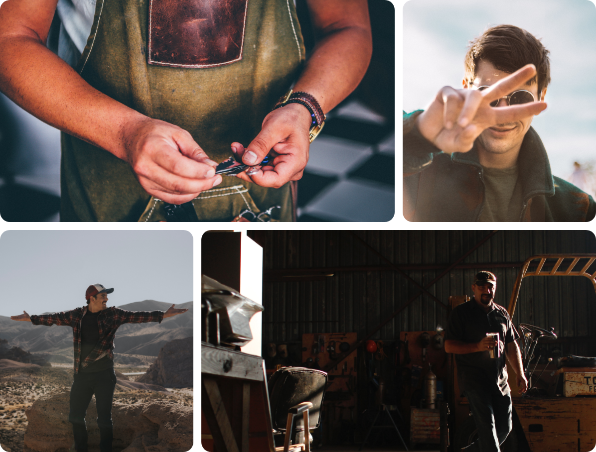 Collage of images depicting craftsmanship, adventure, and a sense of fulfillment
